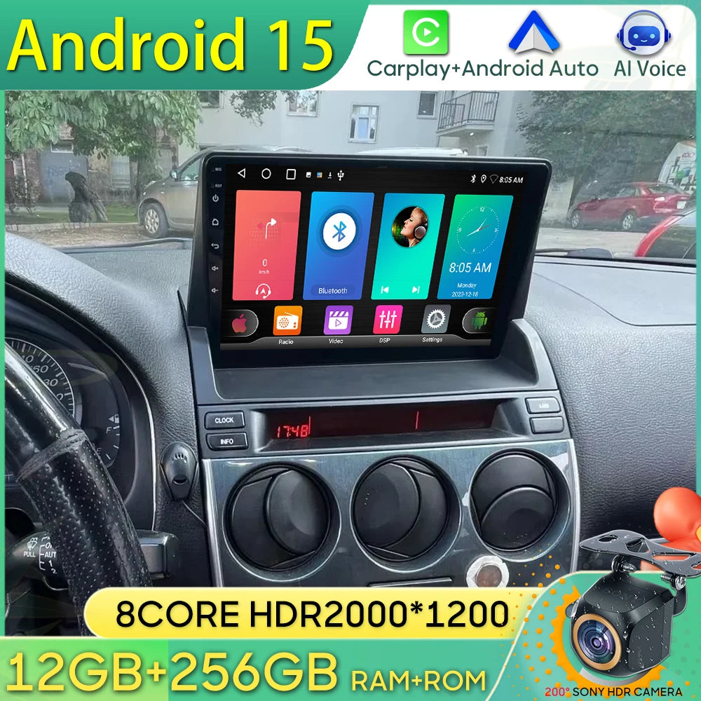 Android 15 Car Radio For Mazda 6 Atenza GG 2002 - 2008 GPS Navigation Android Auto Carplay Wifi Video Stereo Screen 4G No 2din