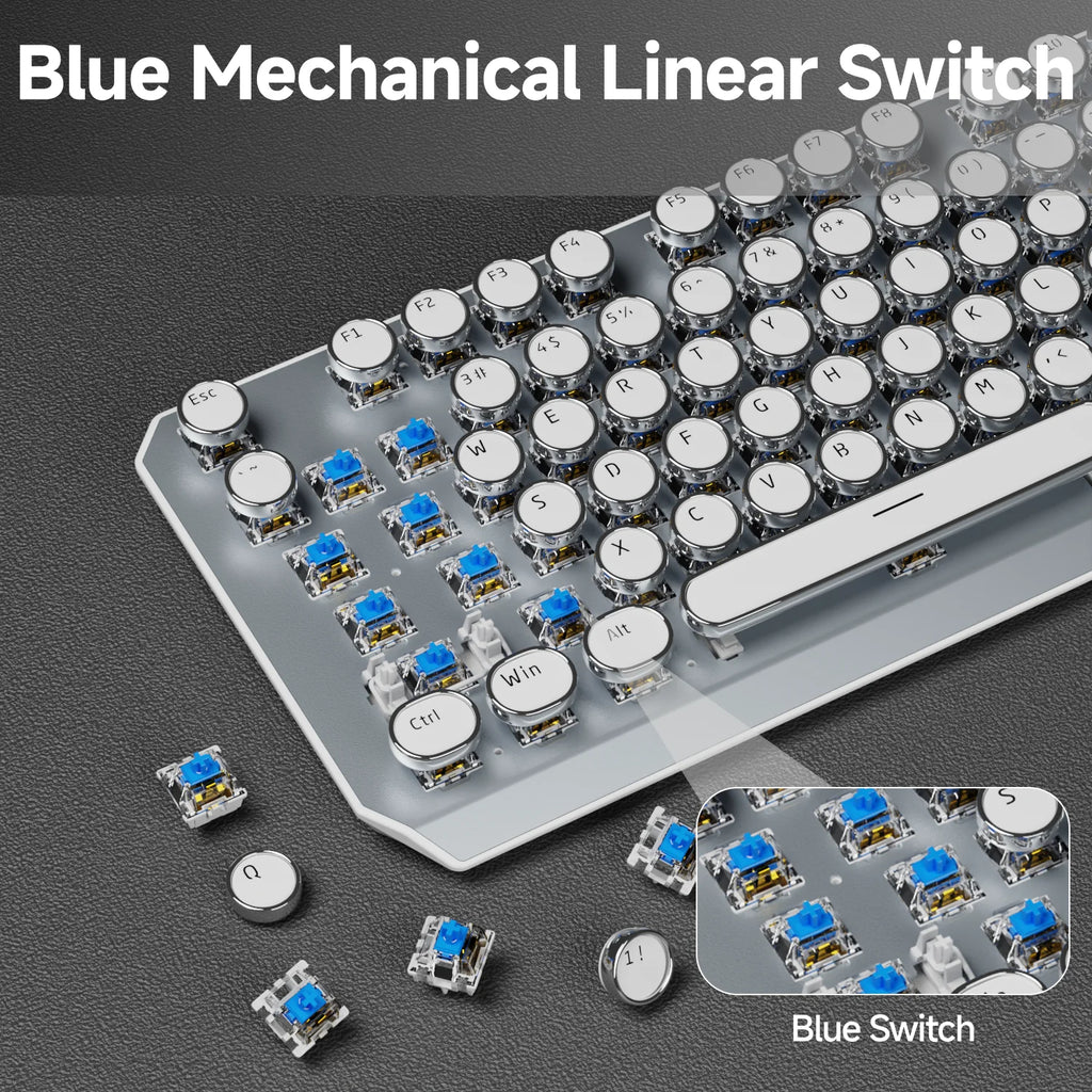 EWEADN Wireless Typewriter Mechanical Keyboard, 87 Keys, Tri-Mode, Blue Switches, White Backlit, Retro Style for Typing & Gaming