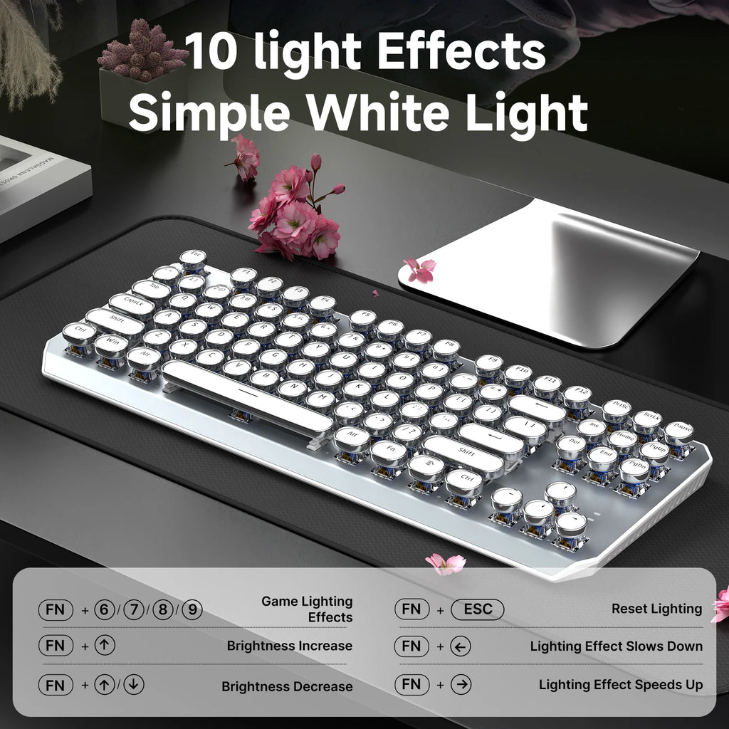 EWEADN Wireless Typewriter Mechanical Keyboard, 87 Keys, Tri-Mode, Blue Switches, White Backlit, Retro Style for Typing & Gaming