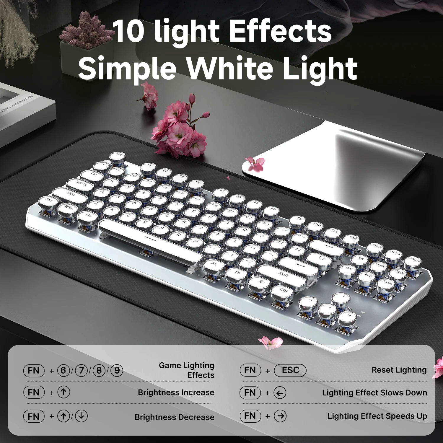 EWEADN Wireless Typewriter Mechanical Keyboard, 87 Keys, Tri-Mode, Blue Switches, White Backlit, Retro Style for Typing & Gaming