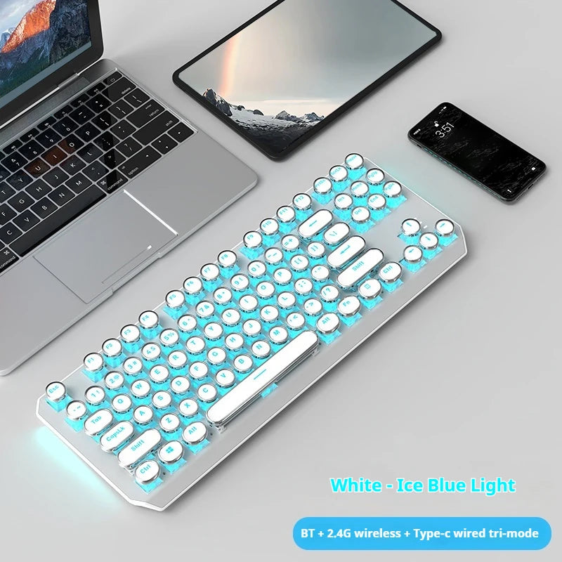 EWEADN Wireless Typewriter Mechanical Keyboard, 87 Keys, Tri-Mode, Blue Switches, White Backlit, Retro Style for Typing & Gaming