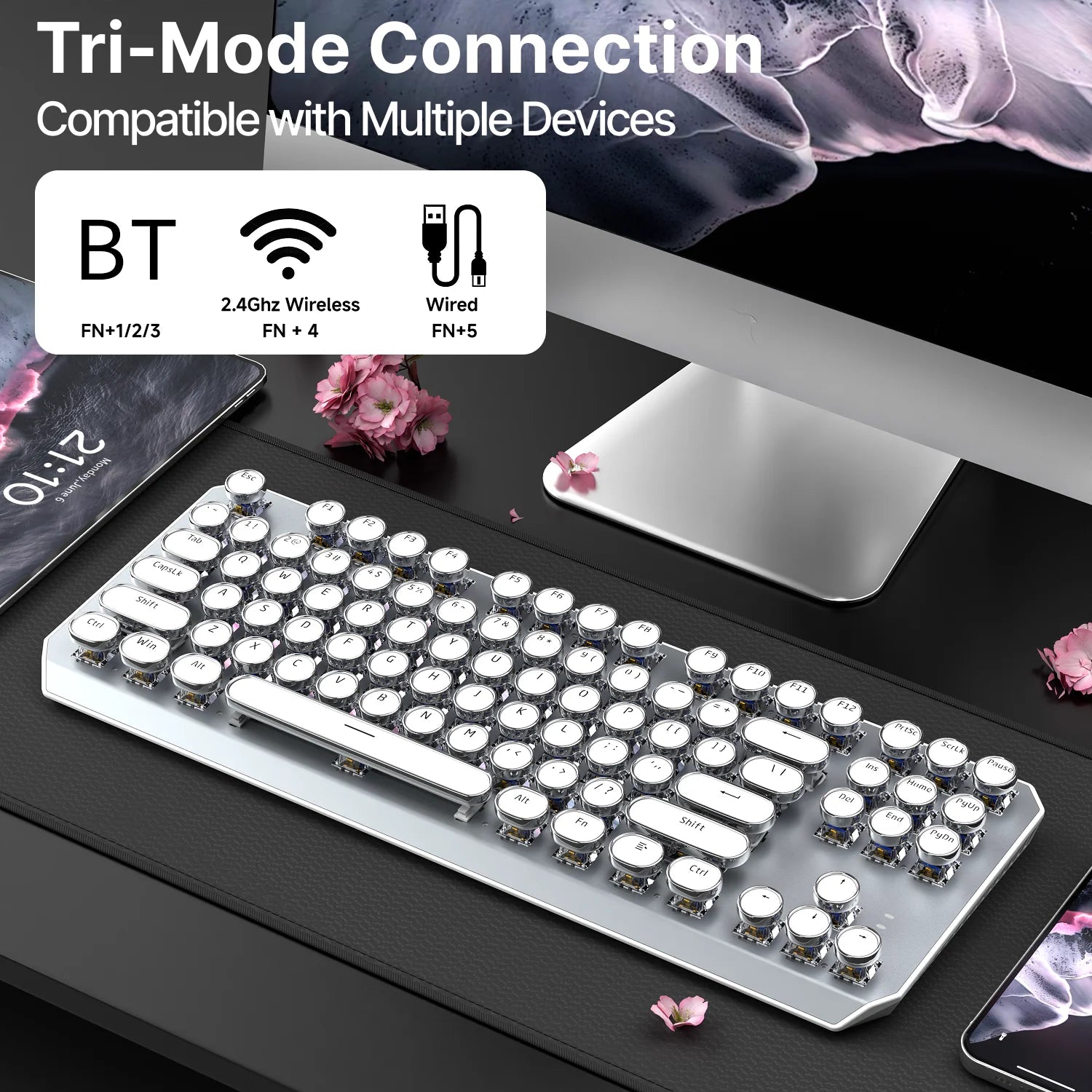 EWEADN Wireless Typewriter Mechanical Keyboard, 87 Keys, Tri-Mode, Blue Switches, White Backlit, Retro Style for Typing & Gaming
