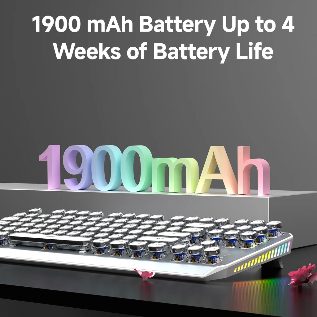 EWEADN Wireless Typewriter Mechanical Keyboard, 87 Keys, Tri-Mode, Blue Switches, White Backlit, Retro Style for Typing & Gaming