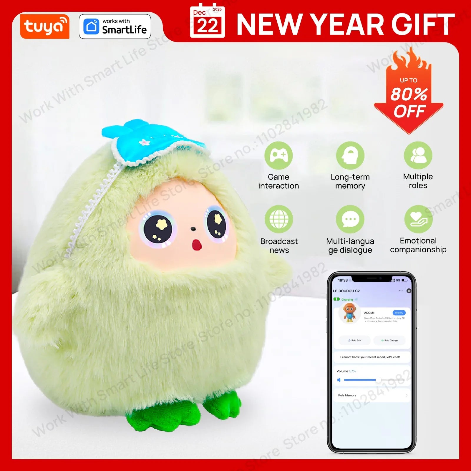 Yaya-AI Plush Robot w/Smart Voice&LED Eyes, Interactive Companion Toy w/Tuya App Control, USB Rechargeable E-Pet - Mint Green